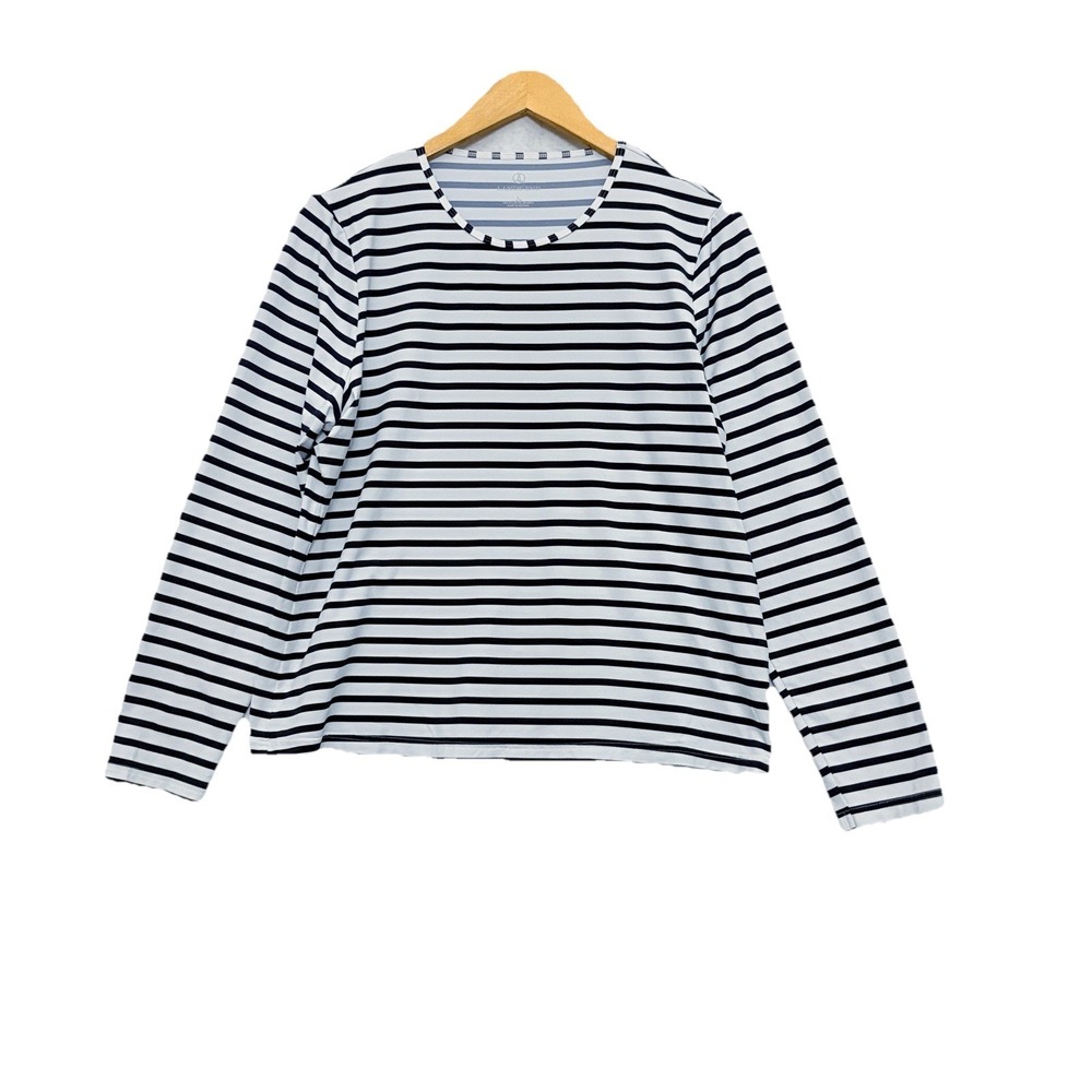 Lands End Women's Size Large Swim Tee Rash Guard Striped Navy UPF 50 Long Slv
